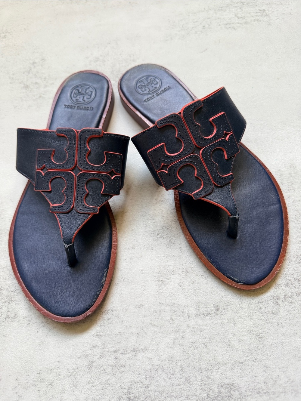 Tory Burch Navy Leather Miller Thong Sandals with Red Trim 6.5